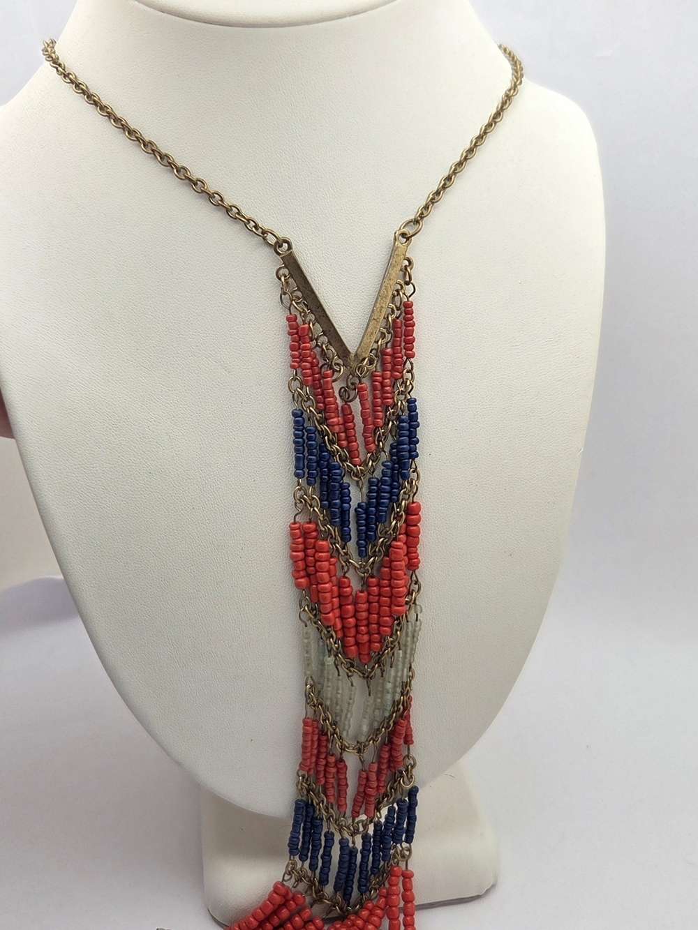 etc! Boho Seed Bead Fringe Statement Necklace Long Brass Chevron 26"